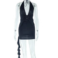 Women Clothing Deep V Plunge neck Sexy Halter Solid Color Dress Pleated Street Cool Short Hip Dress