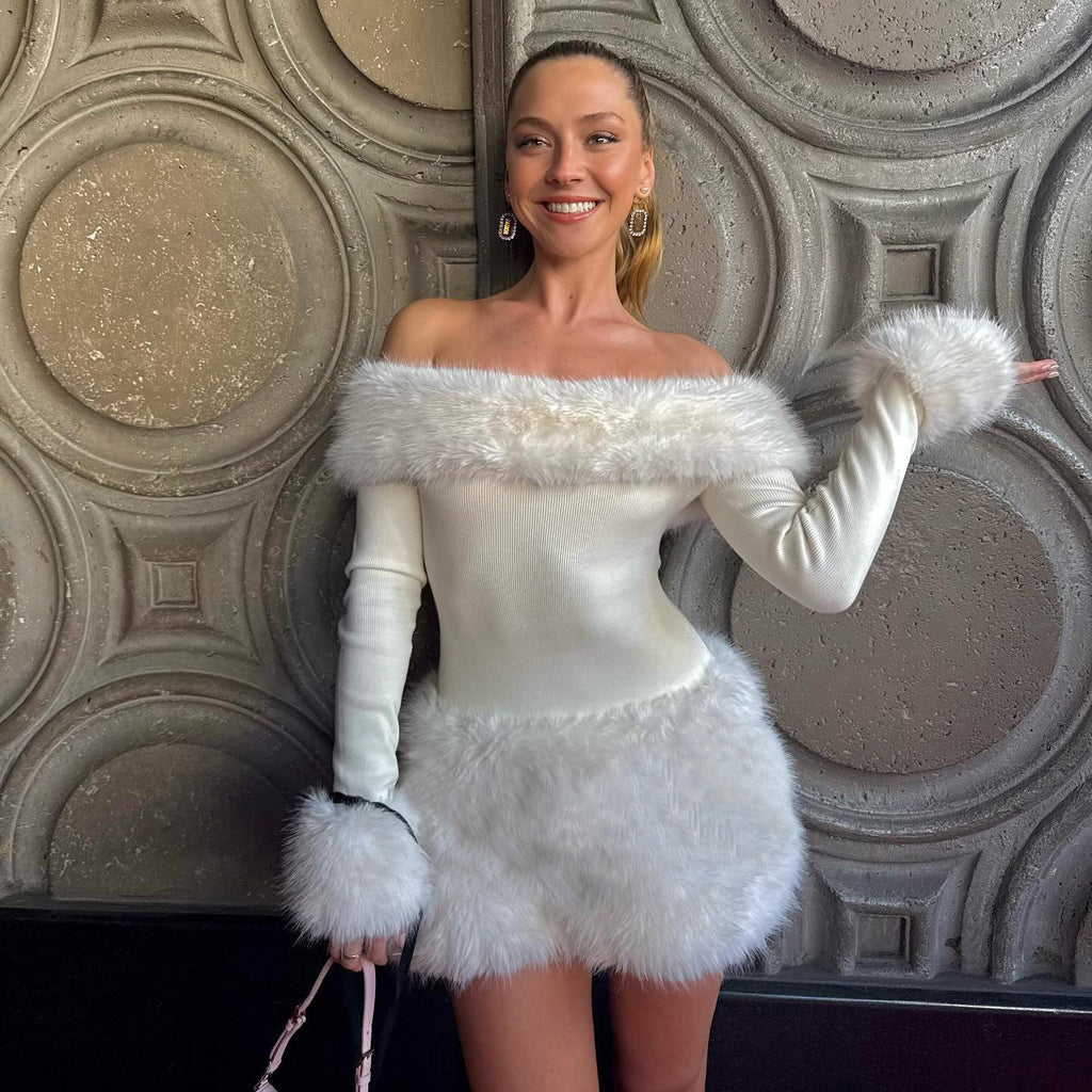 Autumn Winter Elegant Women Party Furry Stitching off Shoulder Dress Sexy Slim Long Sleeve Hip Dress
