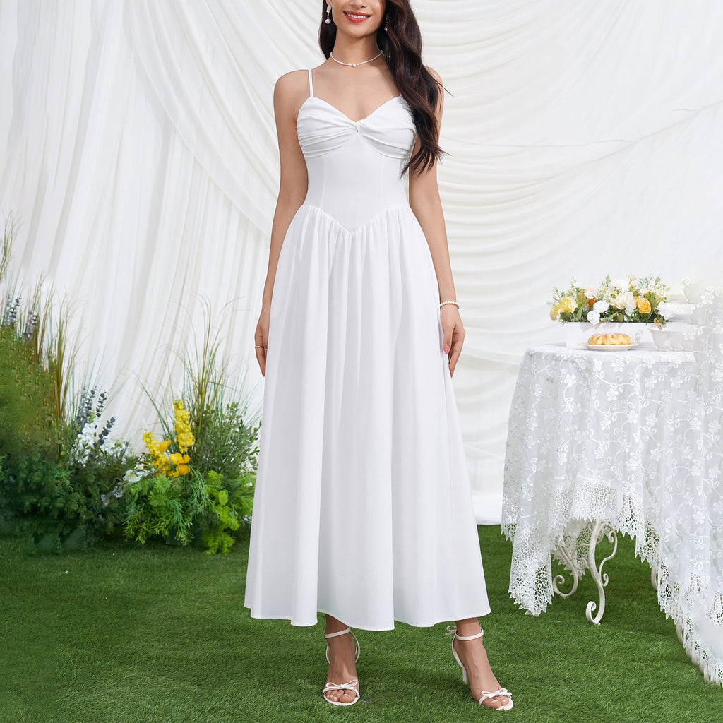 Women Sexy V neck Backless Waist Trimming Slimming Smocking Dress