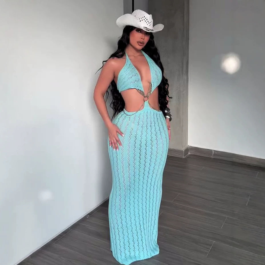 Beach Holiday Hollow Out Cutout out Knitted Halter Dress Deep V Plunge Chain Backless Long Blouse Women Clothing