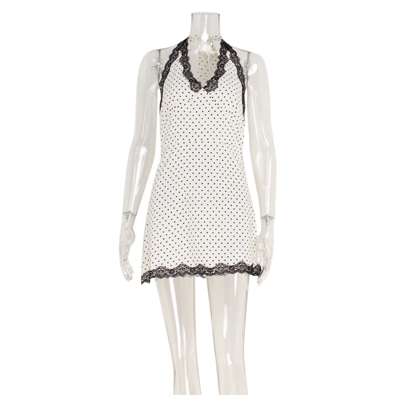 Polka Dot Sexy Pure V neck Lace Edge Slim Slimming Halter Dress A line Dress