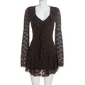Women Clothing Autumn Solid Color Sexy Lace Ruffled Long Sleeve Low Neck Slim Dress