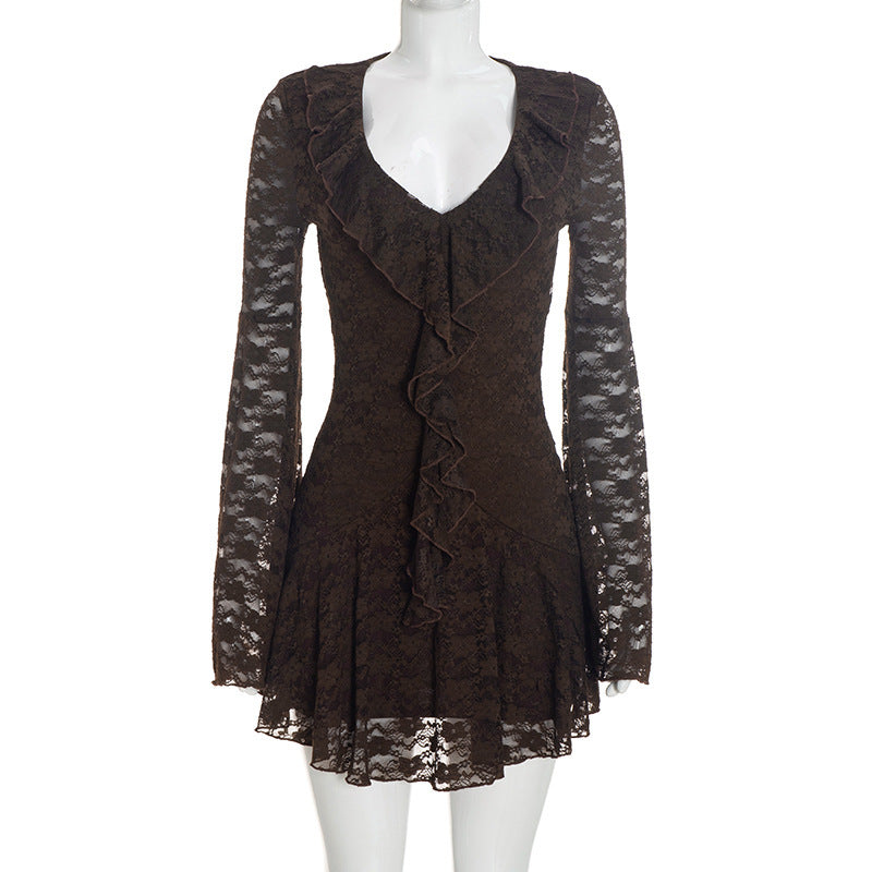 Women Clothing Autumn Solid Color Sexy Lace Ruffled Long Sleeve Low Neck Slim Dress