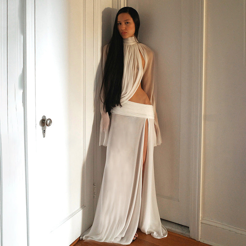 Winter Women Clothing Sexy See through Turtleneck Bell Sleeve Top Split Skirt Two Piece Sets