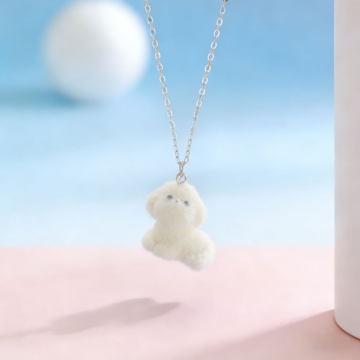 Cute 3D Flocked Resin Dog Pendant Necklace Autumn Winter Mini Animal Clavicle Chain