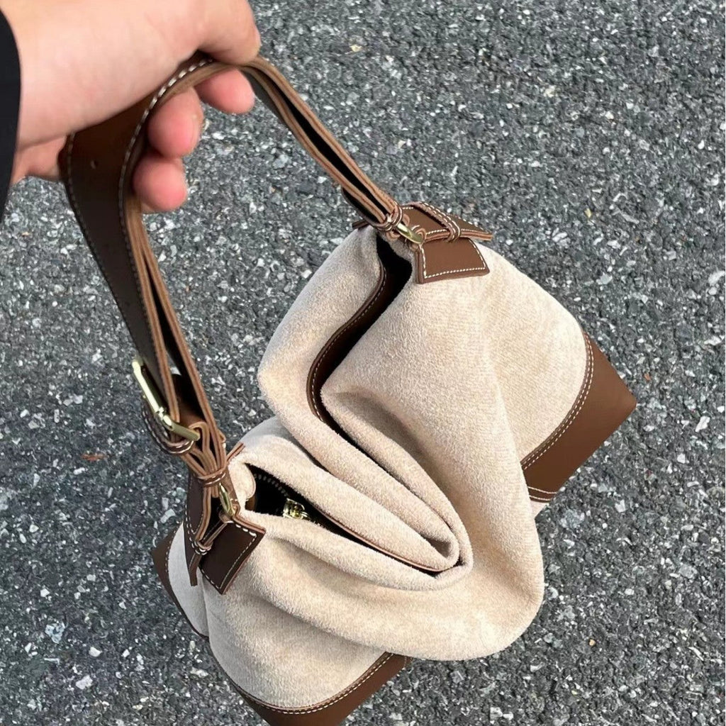 Large capacity suede hobo bag, female contrasting shoulder bag, shoulder bag, slouchy bag