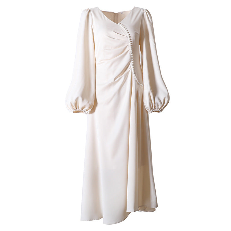 French Retro Lantern Sleeve V Neck Sexy Beaded Waist Slimming Glossy Satin Dress Women