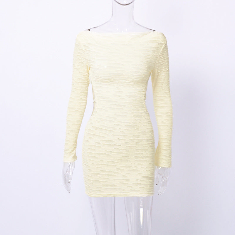 Autumn off the Shoulder Beauty Back Hollow Out Cutout out Tight Sexy Sheath Long Sleeve Texture Dress