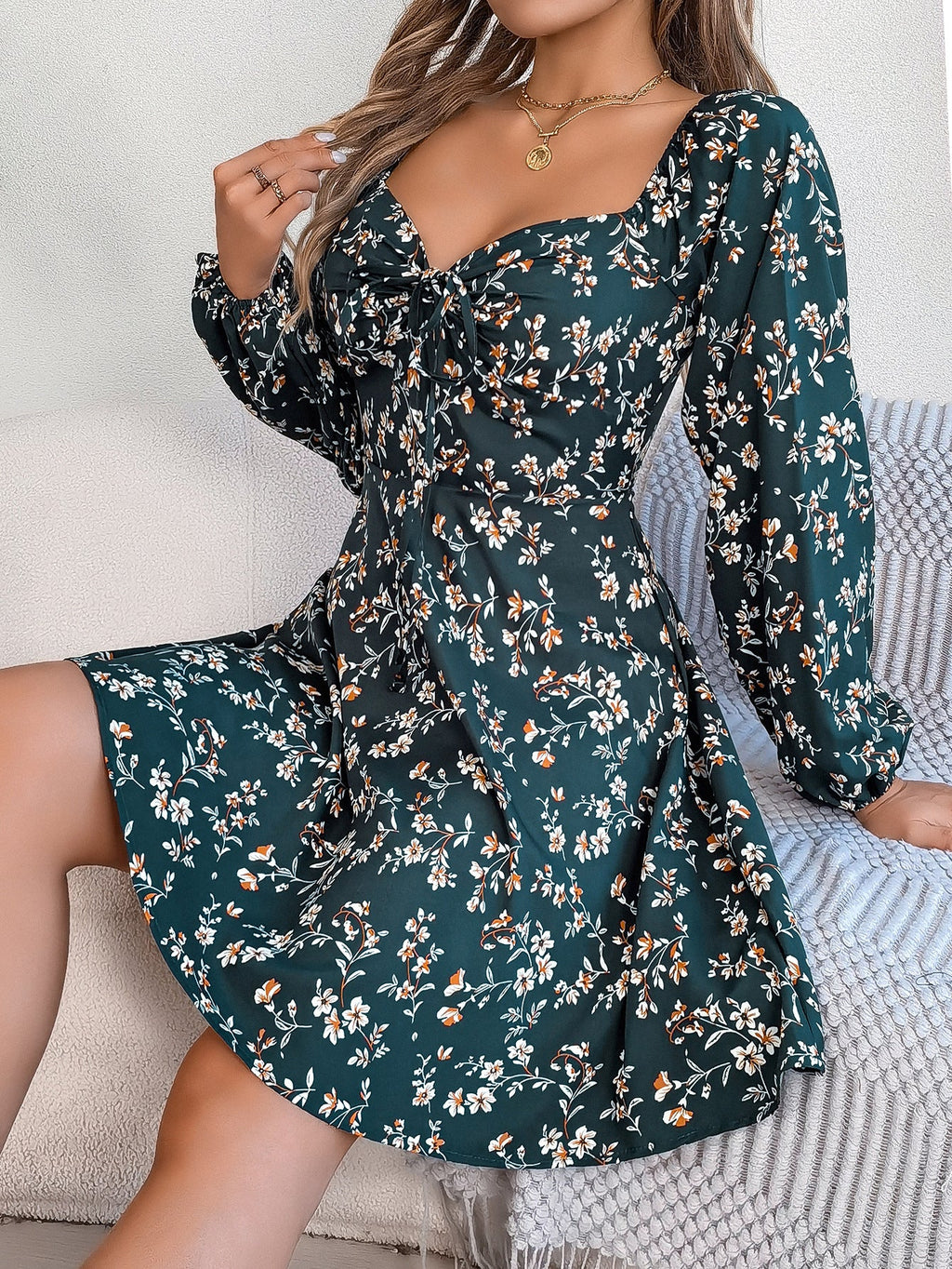 Autumn Winter Casual Sexy Lacing Square Collar Floral Long Sleeve A line Women Clothing