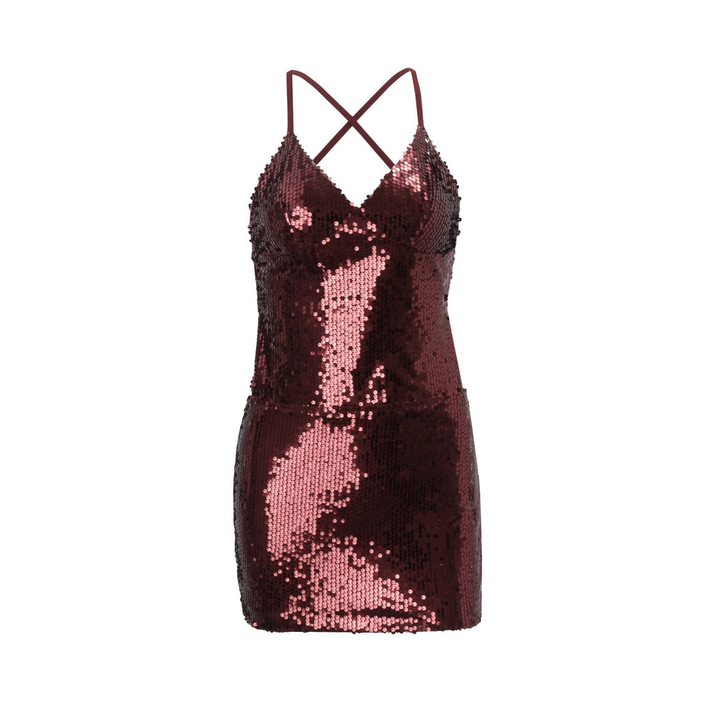 Women Clothing Sexy Bare Back Nightclub Sexy Sequined Lace up Sheath Short Dress