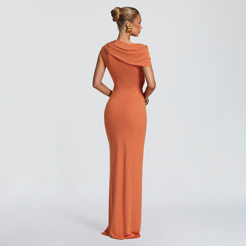 Women Clothing Summer Solid Color Casual One Shoulder Short Sleeve Lace Up Hollow Out Cutout Out Slim Fit Maxi Dress
