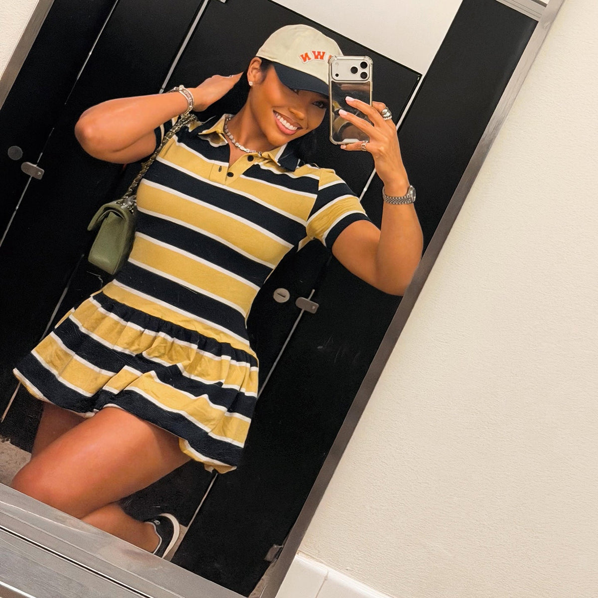 Summer Women Clothing Polo Collar Vintage Stripe Sports Short Sleeve Dress