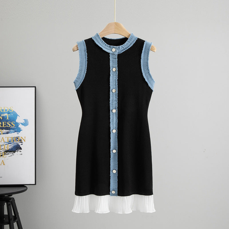 Summer French Youthful-Looking Stitching Contrast Color Frayed Waist Slimming Pleated Vest Dress