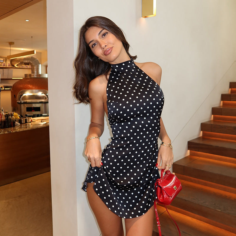 Elegant French Halter Backless Slim Fit Polka Dot Printed Sexy Sexy A line Dress