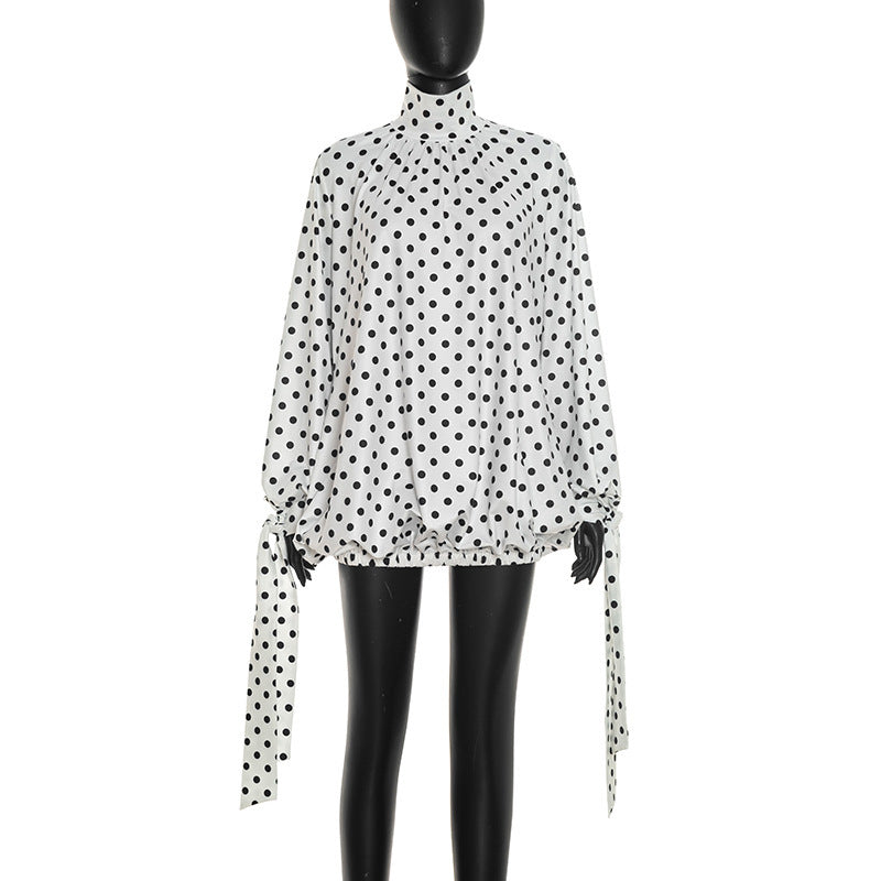 Women Clothing Autumn Casual Polka Dot Printed Round Neck Drawstring Long Sleeve Ribbon Short Dress