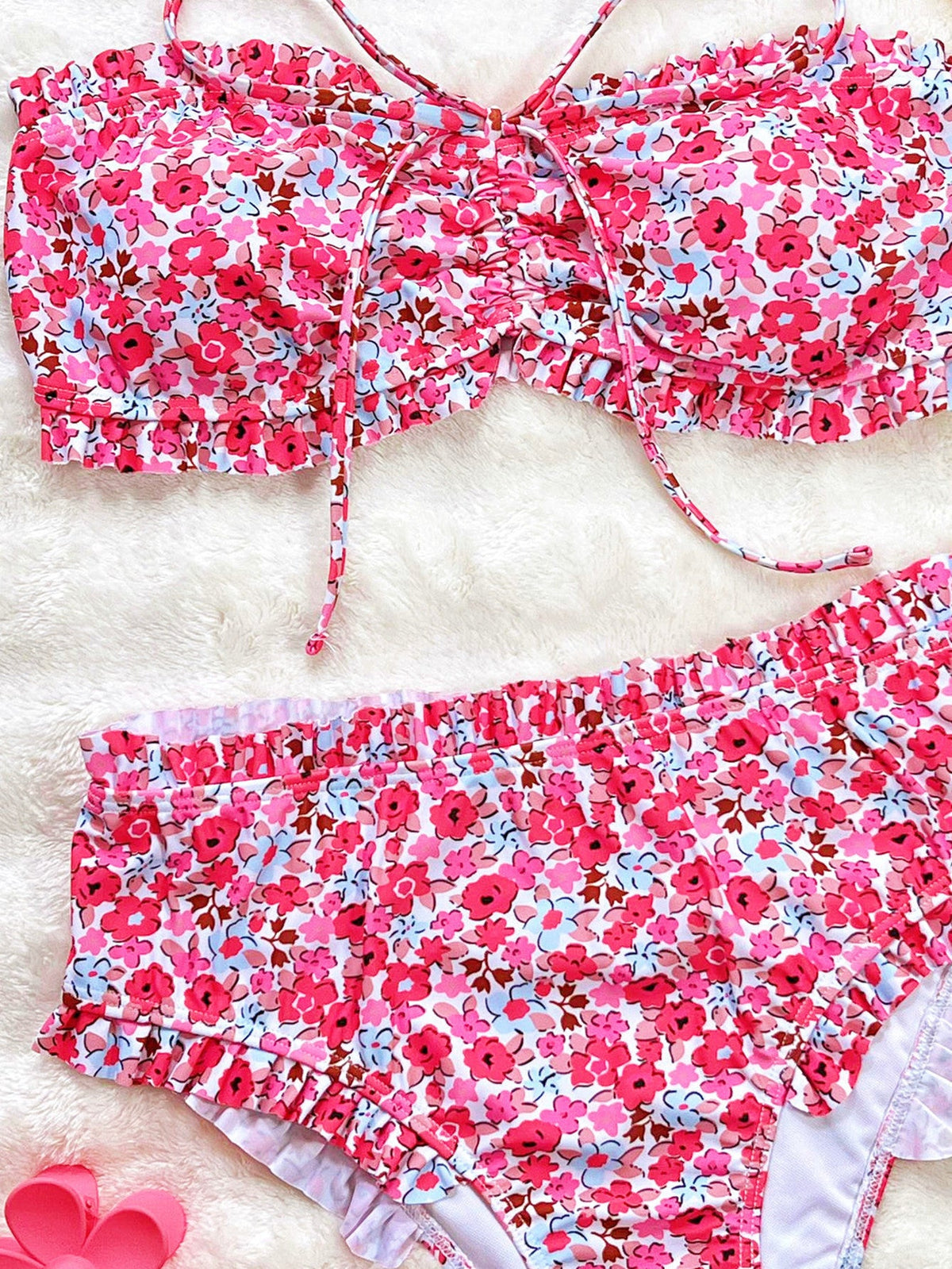 Bikini split swimsuit flower print pleated lace tube top triangular bikini