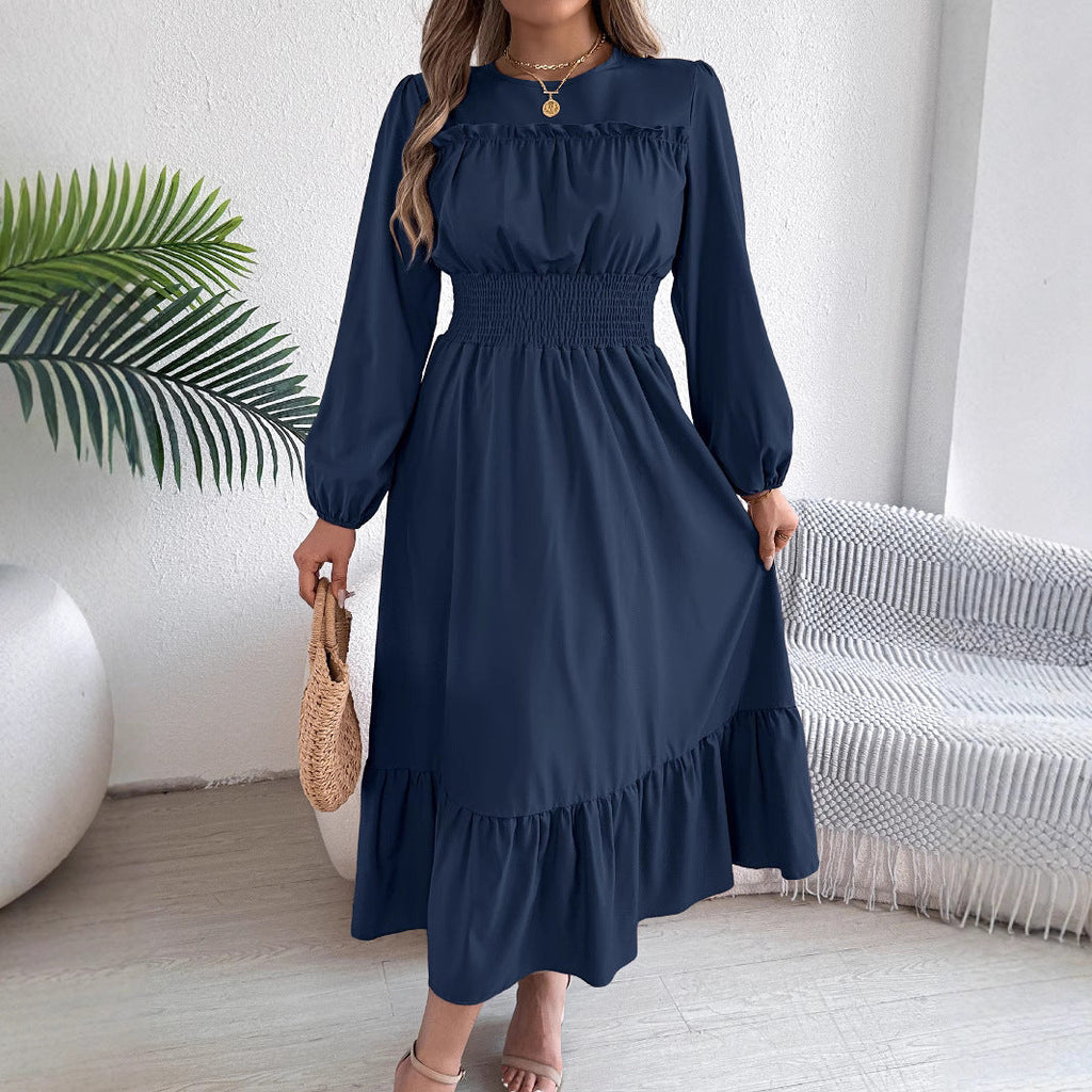 Autumn Winter Solid Color Elegant Wooden Ear Cinched Pleated Maxi Dress Women Clothing