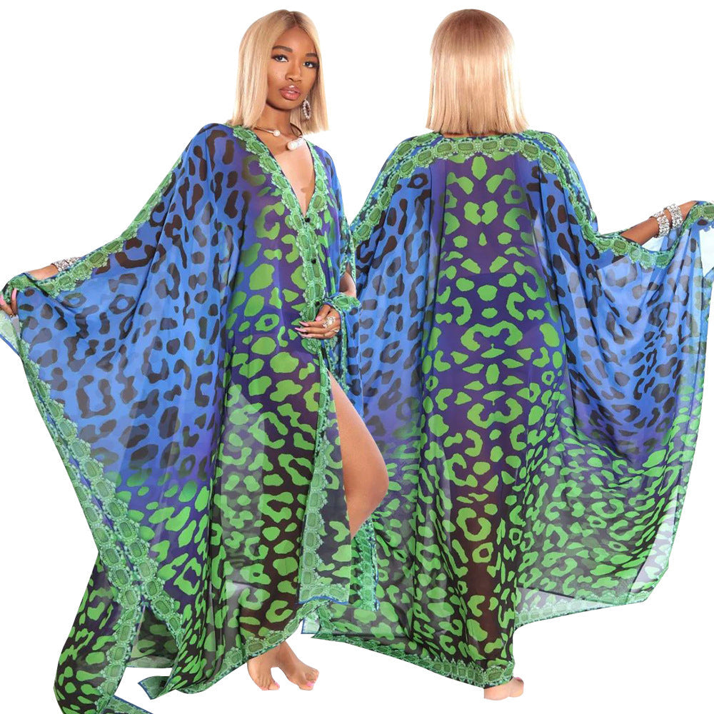 Popular Women Clothing Autumn V neck Casual Printed Jacket See through Chiffon Shirt