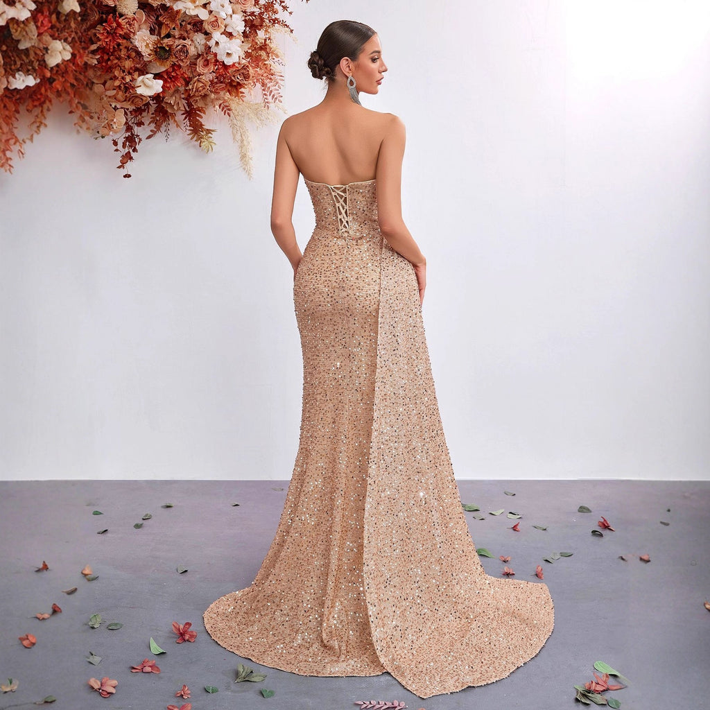 Light Luxury Sequ Tube Top Sexy High Waist Slit Fishtail Evening Dress Cocktail High Grade Socialite Dress