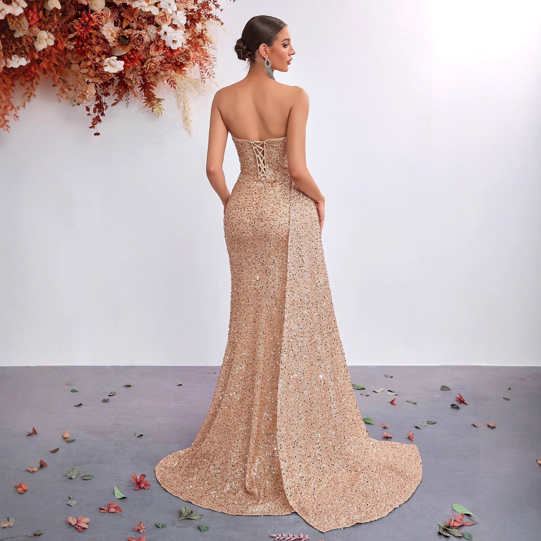 Light Luxury Sequ Tube Top Sexy High Waist Slit Fishtail Evening Dress Cocktail High Grade Socialite Dress