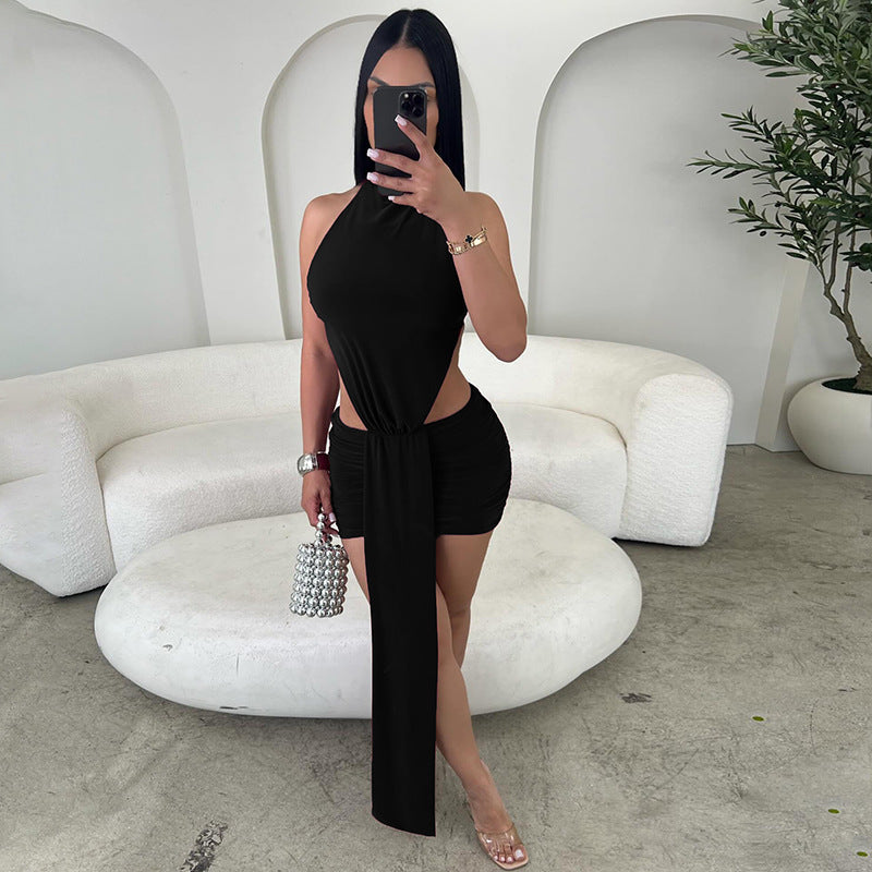 Women Clothing Spring Solid Color Stitching Sexy Slim Hollow Out Cutout Ribbon Short Sleeveless Dress