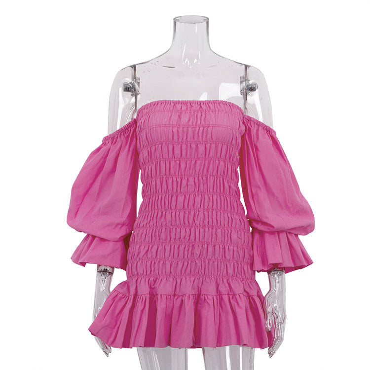 Women Clothing Pink off Shoulder Tube Top Dress Pleated Ruffled Puff Sleeve Backless