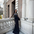 Drilling Mesh Long Sleeve Patchwork Waist Slimming Split Dress Women Slim Fit Long Formal Dress Women