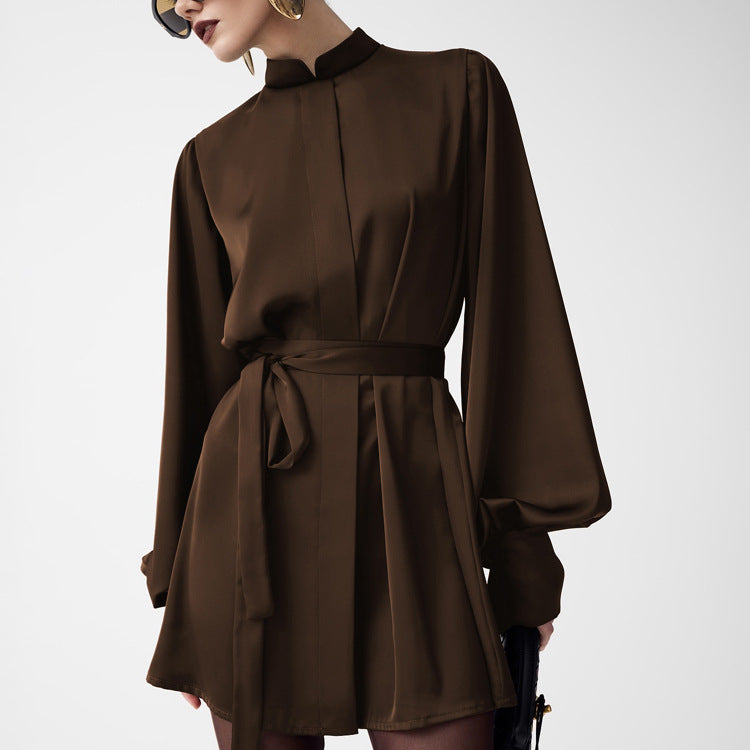 Women Clothing Autumn Stand up Collar Long Sleeved Lace up A line Short Dress