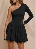 Autumn Solid Color Stitching Pleated Sexy Long Sleeve Shoulder Collar Dress Women Clothing