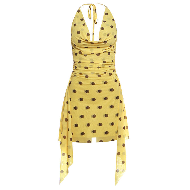 Summer Women Clothing Sexy Halter Swing Collar Sleeveless Slim Dot Mesh Dress for Women