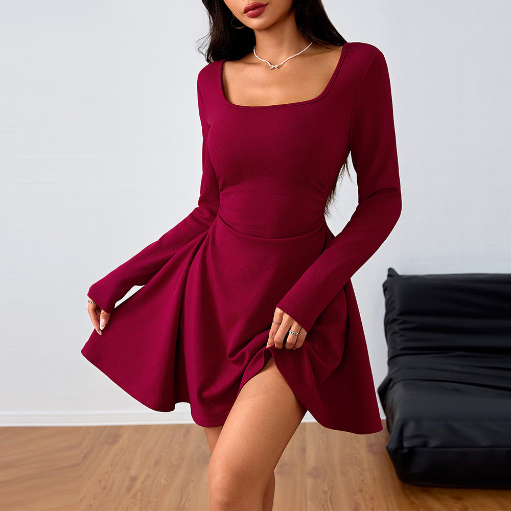 Spring Summer Women Clothing Square Collar Elegant Dress High Waist Design Dress