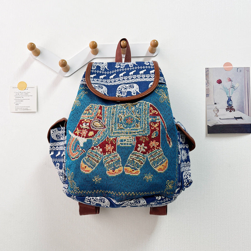 Retro Ethnic Drawstring Backpack – Elephant Embroidery Flap Closure, Bohemian Travel Daypack