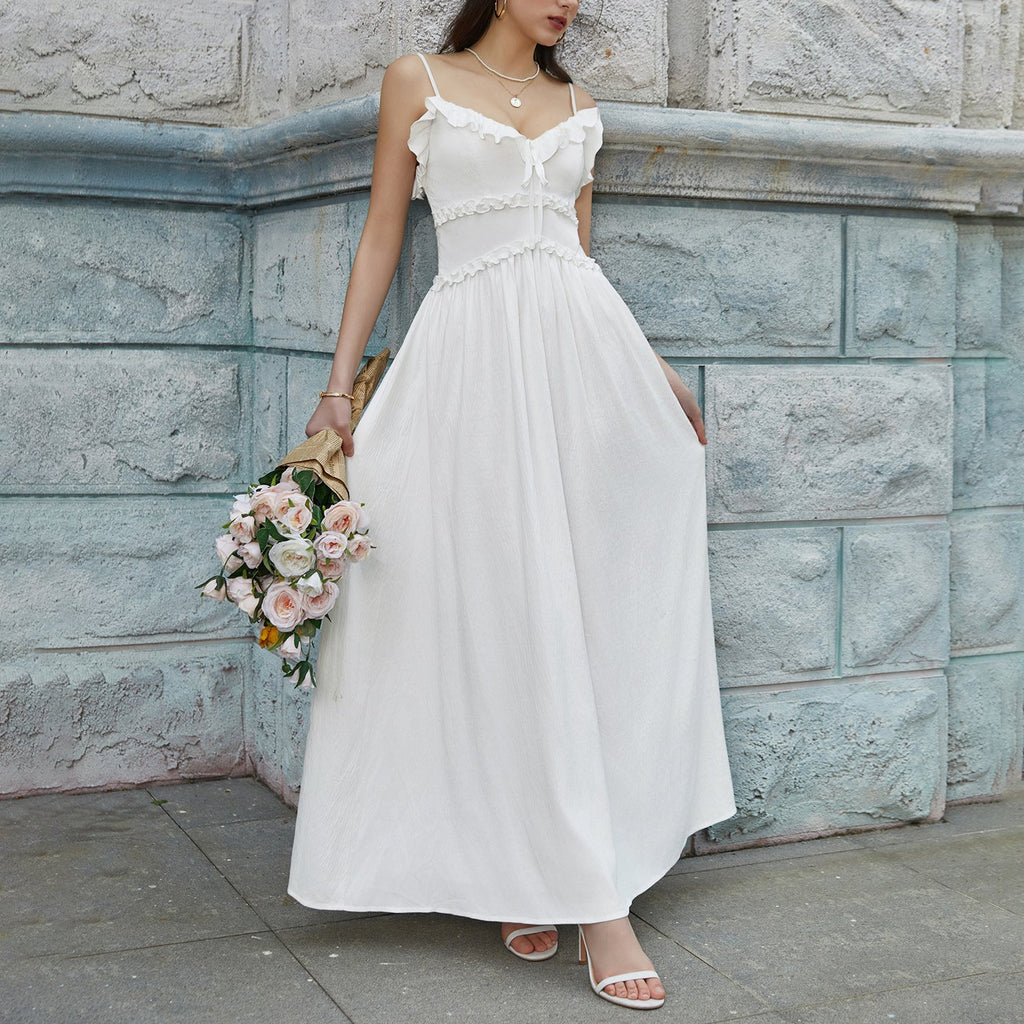 Summer Cool Ice Velvet Crepe Fabric Cami Dress Sexy V neck Flounce Decoration Slim Fit Maxi Dress