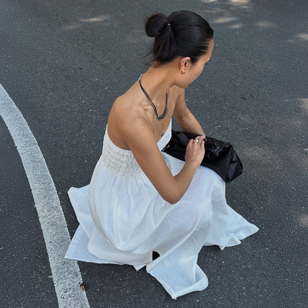Purified Cotton Tube Top Dress Summer Vacation off the Shoulder Pleated High Waist Maxi Dress