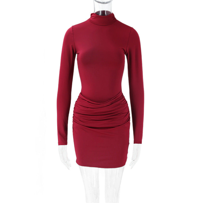 Autumn Sexy Sexy Dress Stand Collar Long Sleeve Pleated Slim Fit Niche Short Dress