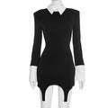 Women Clothing Autumn Color Matching Polo Collar Long Sleeve Casual Slim Fitting Patchwork Dress