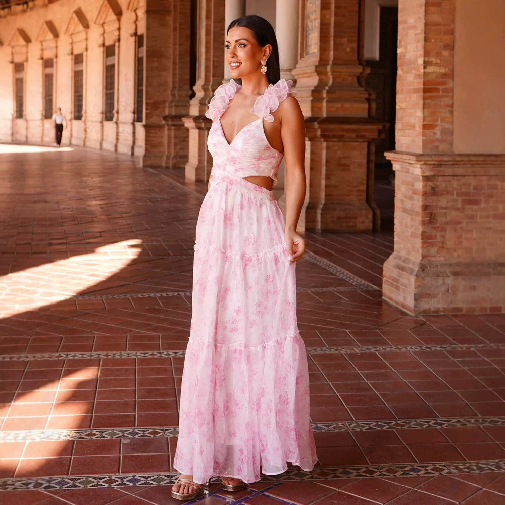 Spring Summer Vacation Chiffon Printed Backless V neck Strap Midi Dress