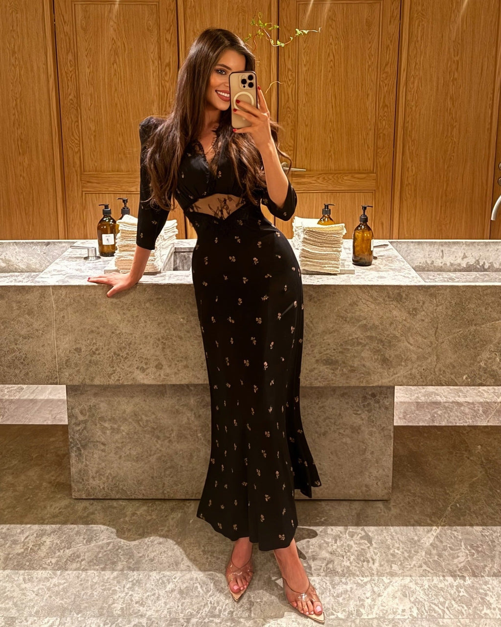 Spring Summer Floral Print Black Lace Stitching Dress
