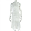 Simple Women Clothing Patchwork Waist Slimming Office Hip Dress Stand Collar Short Sleeve Pleated Solid Color Dress