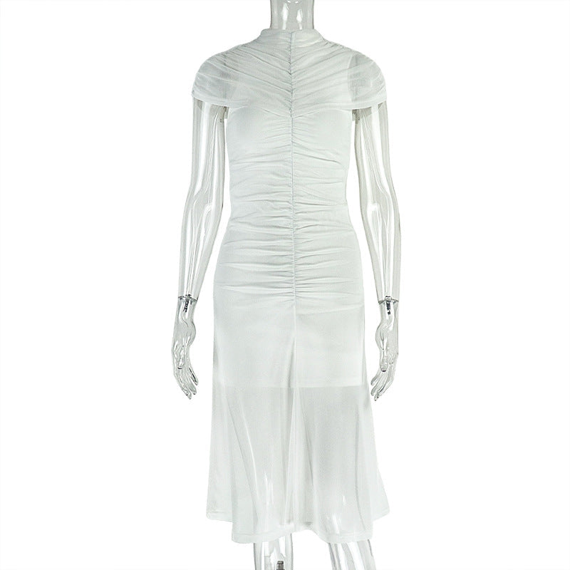 Simple Women Clothing Patchwork Waist Slimming Office Hip Dress Stand Collar Short Sleeve Pleated Solid Color Dress