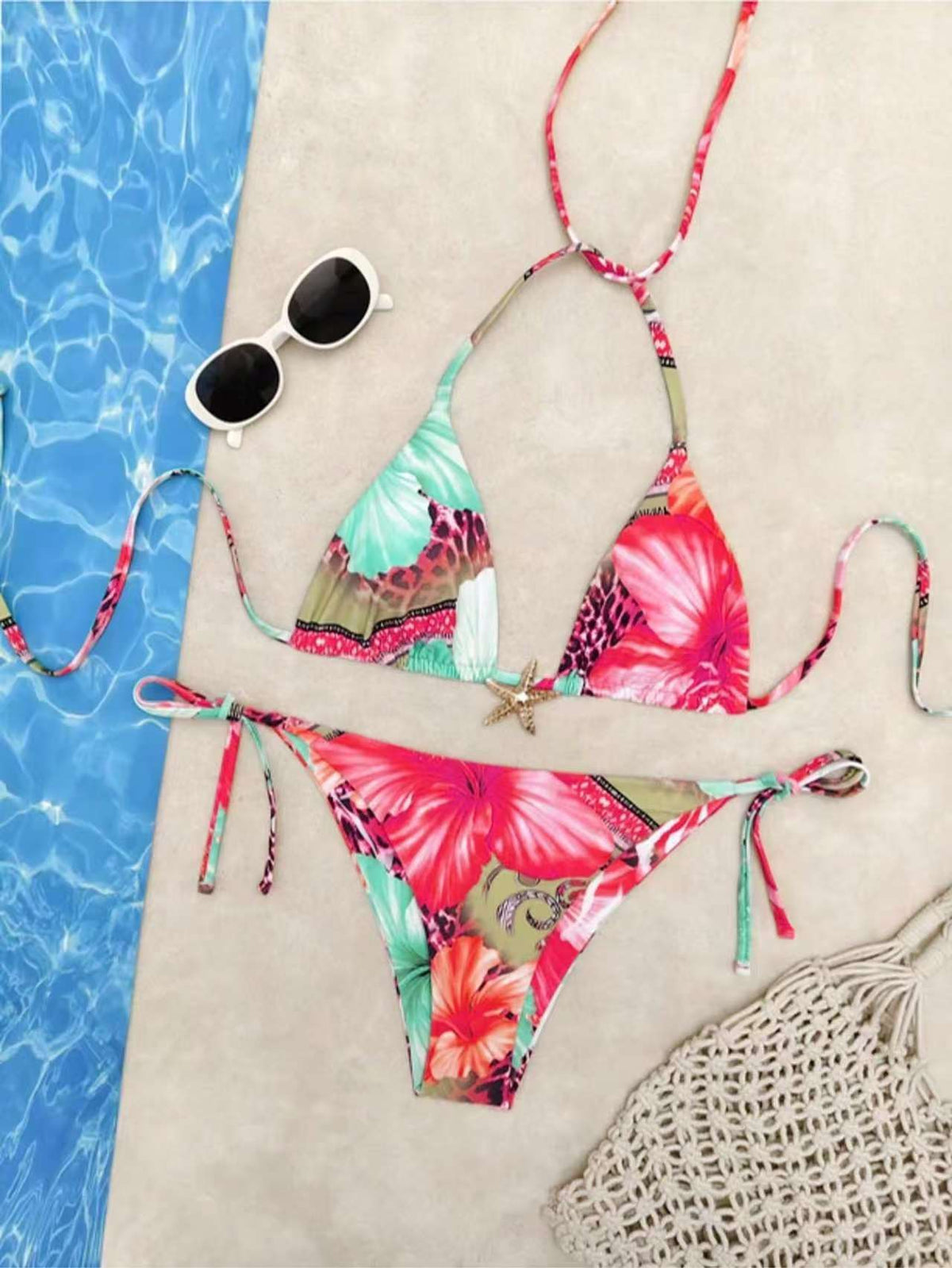 Lace-up Printed Bikini High-end Two-piece Swimsuit Set for Women