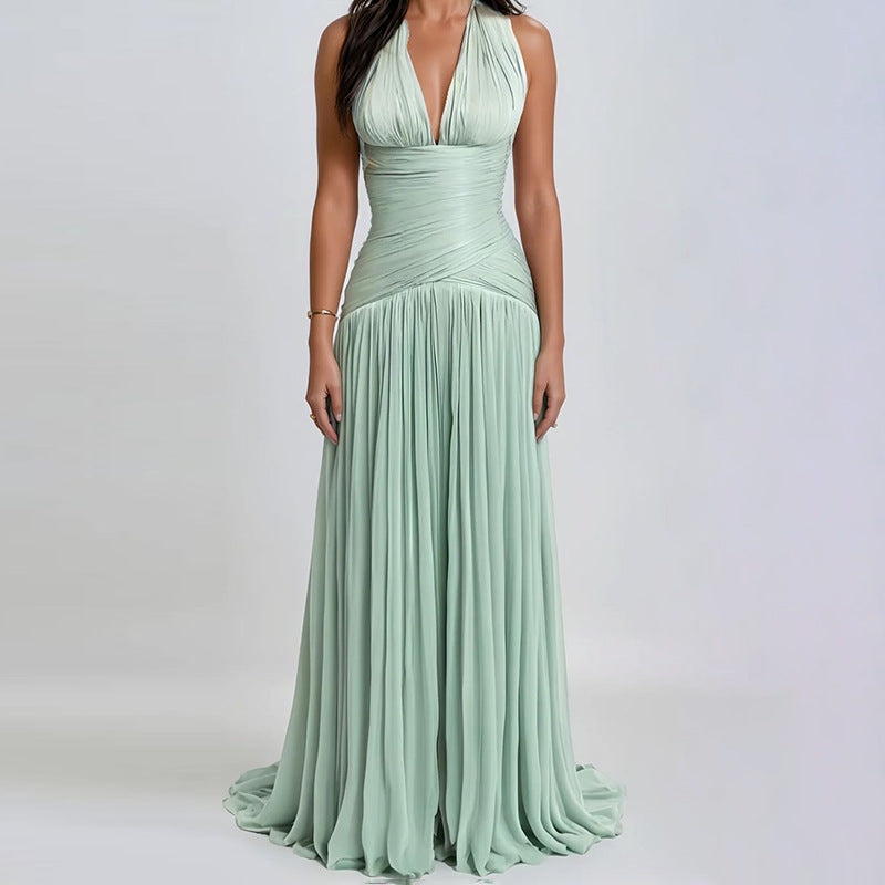 Elegant Elegant Dinner Dress Sexy Deep V Plunge Halter Cinched Pleated Waist Slimming Dress