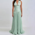 Elegant Elegant Dinner Dress Sexy Deep V Plunge Halter Cinched Pleated Waist Slimming Dress