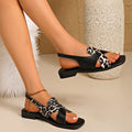 Leopard Print Color Matching Flat Open Toe Sandals Women Square Toe Mixed with Roman Beach Slippers