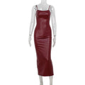 Wine Red Vintage Camisole Faux Leather Skinny Sheath Dress Split Dress Dress