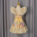 French Flying Sleeves Short Dress Autumn High Grade Printed Stitching Deep V Plunge neck Dress Women