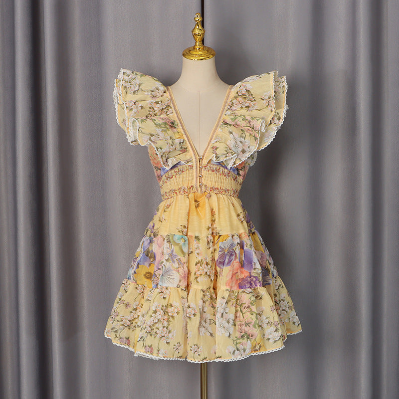 French Flying Sleeves Short Dress Autumn High Grade Printed Stitching Deep V Plunge neck Dress Women