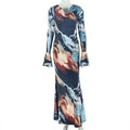 Printed Women Wear Street Elegant Asymmetry Hip Dress Diagonal Collar Shoulder Long Sleeve Dress