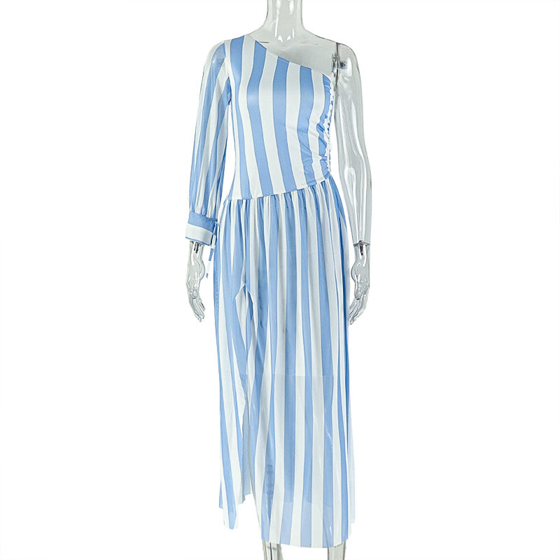 Women Printed Wear Split Striped Waist Asymmetric Dress One Shoulder Diagonal Collar Long Sleeve Casual Dress