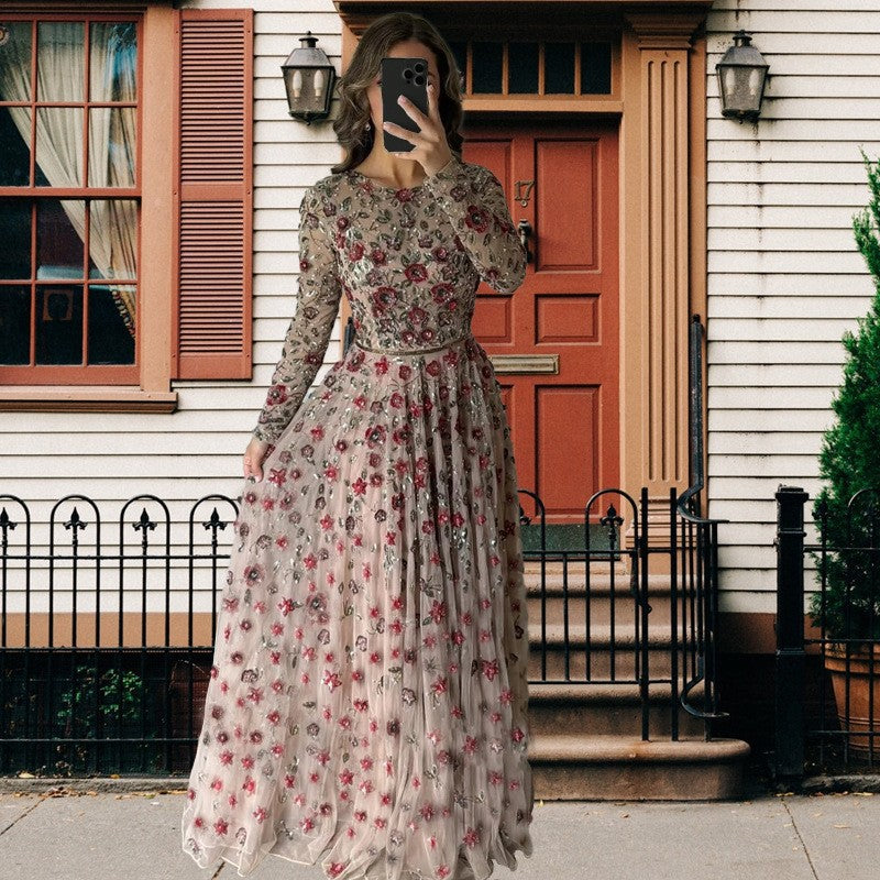 Summer Sexy Slim Fit Slimming Mid Length Long Sleeve Waist Tight Three Dimensional Floral Large Swing Dress